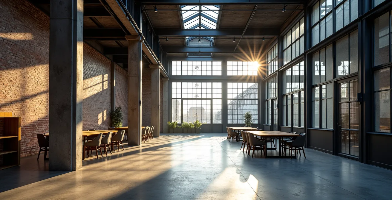 Transformation d'une ancienne usine en espace de travail moderne avec structure industrielle préservée