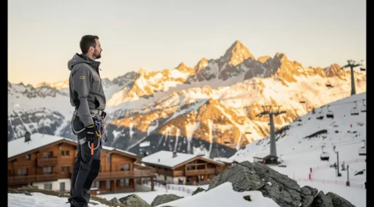 Professionnel en formation pratique dans un environnement montagnard savoyard avec remontées mécaniques en arrière-plan
