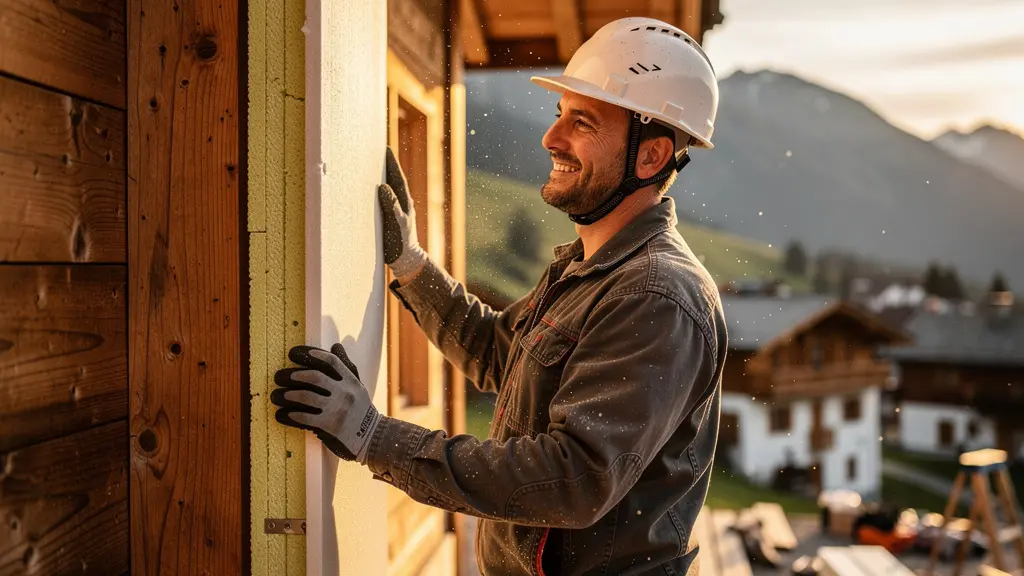 Chalet en montagne avec échafaudages et travaux d'isolation thermique en cours