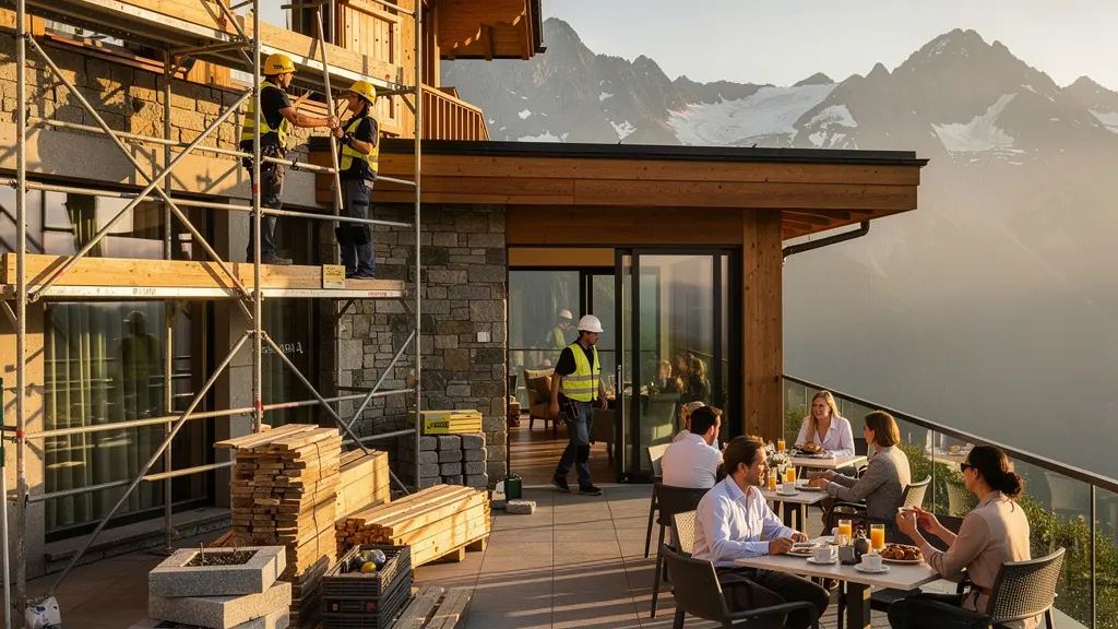 Vue aérienne d'un hôtel de montagne avec une aile en rénovation et l'autre opérationnelle, clients sur la terrasse
