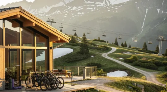 Vue panoramique d'une station de montagne montrant la transition entre les saisons avec des activités diversifiées
