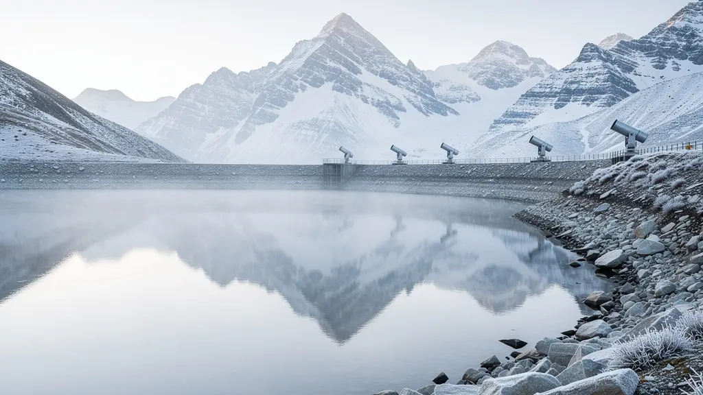 Retenue d'eau d'altitude entourée de sommets enneigés avec système d'enneigement