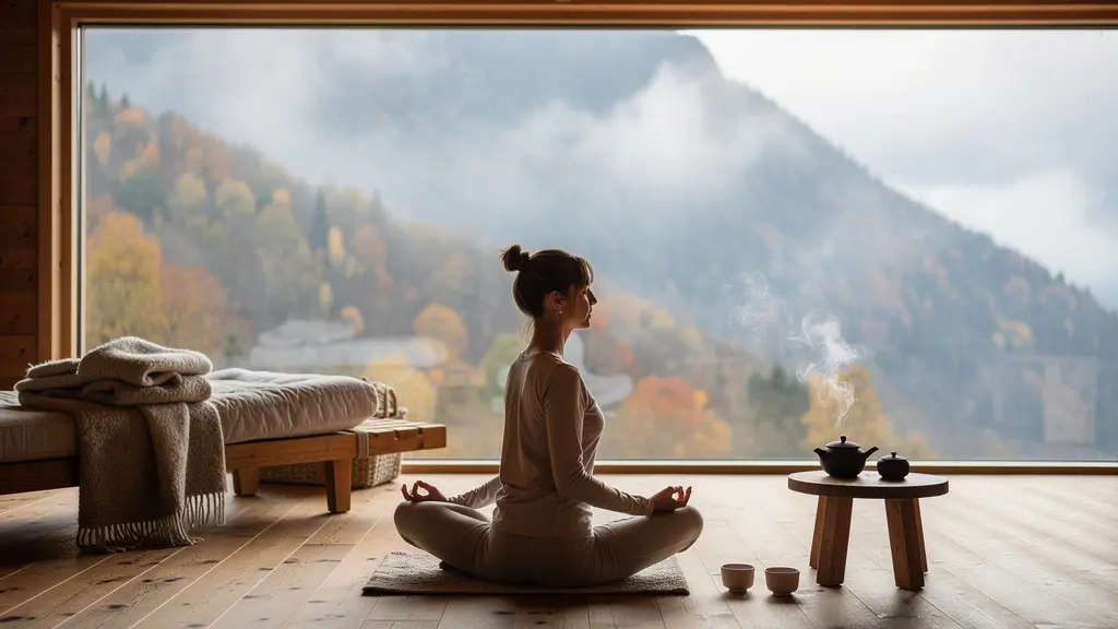 Espace de méditation minimaliste dans un chalet avec vue sur les montagnes brumeuses d'automne