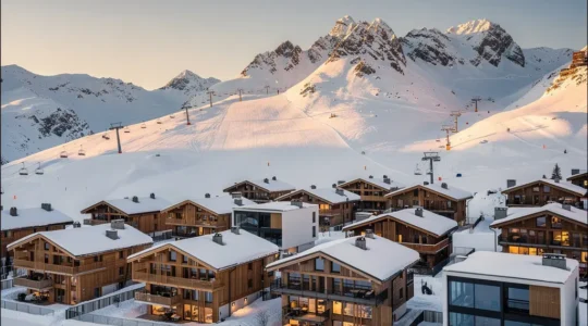 Vue panoramique d'une station de ski d'altitude moderne avec chalets traditionnels et nouvelles résidences face aux sommets enneigés