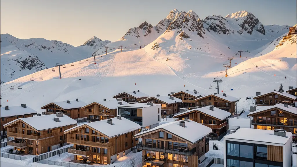 Vue panoramique d'une station de ski d'altitude moderne avec chalets traditionnels et nouvelles résidences face aux sommets enneigés