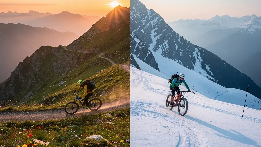 Station de montagne en été avec cyclistes VTT et randonneurs sur les sentiers