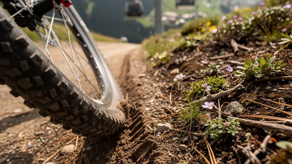 Télécabines transportant des VTT en été avec des cyclistes sur les sentiers de montagne verdoyants