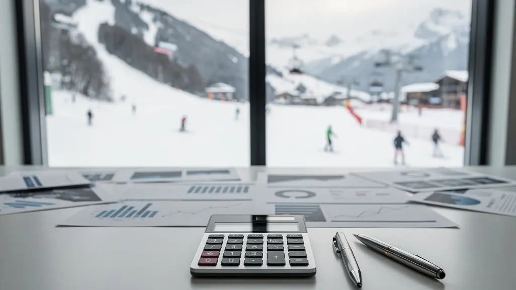 Bureau épuré avec tableau de bord financier flou en arrière-plan et vue sur station de ski par la fenêtre