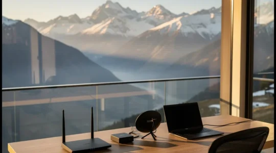 Espace de travail moderne avec vue panoramique sur les sommets enneigés