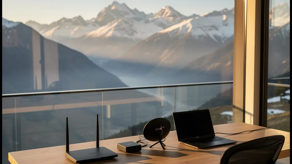 Espace de travail moderne avec vue panoramique sur les sommets enneigés