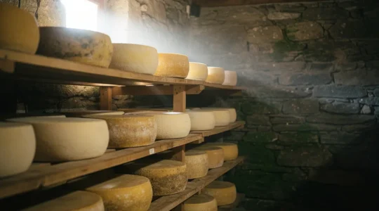 Artisan fromager savoyard dans sa cave d'affinage traditionnelle avec meules de fromages