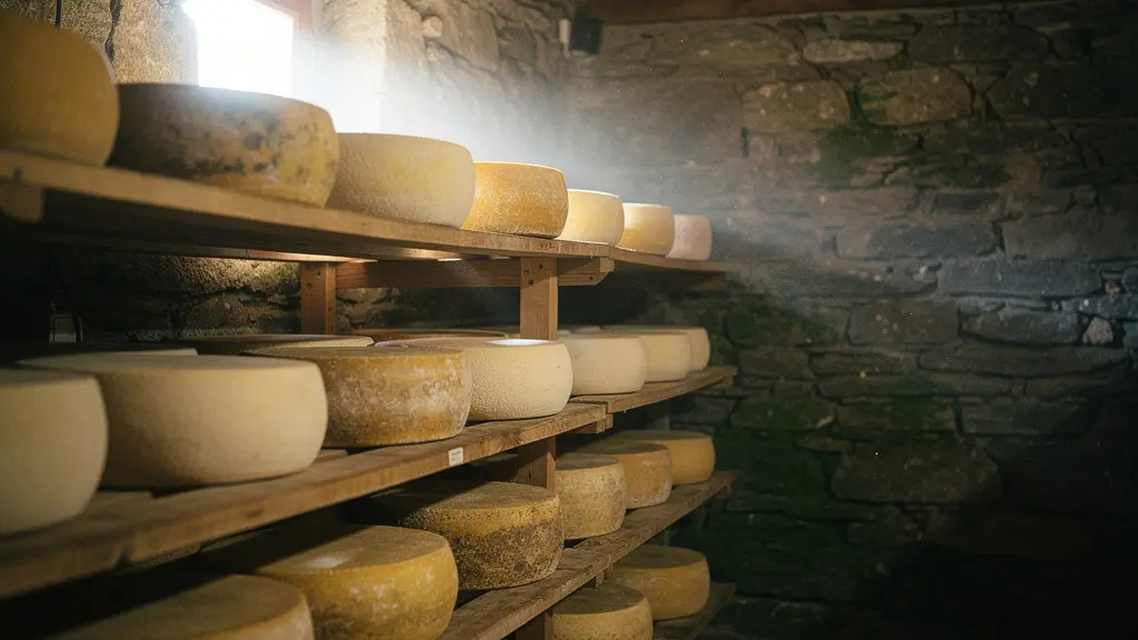 Artisan fromager savoyard dans sa cave d'affinage traditionnelle avec meules de fromages