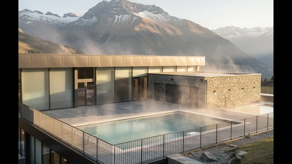 Vue panoramique des thermes modernes en Savoie avec montagnes et lac en arrière-plan