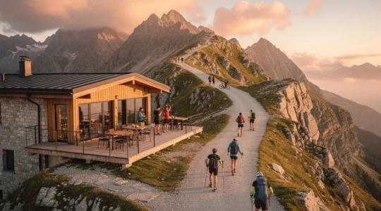 Vue aérienne d'un sentier de montagne se divisant en deux chemins, l'un menant vers un refuge moderne avec terrasse et l'autre vers un sommet sauvage, symbolisant les différents profils de pratiquants outdoor