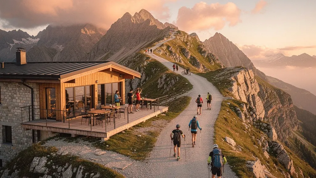 Vue aérienne d'un sentier de montagne se divisant en deux chemins, l'un menant vers un refuge moderne avec terrasse et l'autre vers un sommet sauvage, symbolisant les différents profils de pratiquants outdoor