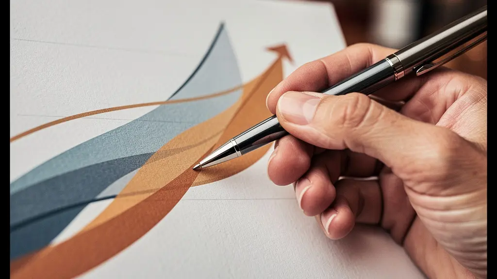 Vue macro de mains consultant des graphiques de progression sur cinq années avec stylo pointant une courbe ascendante