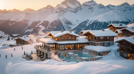 Vue panoramique d'une station de ski savoyarde au coucher du soleil avec diversité d'activités économiques