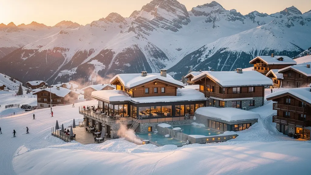 Vue panoramique d'une station de ski savoyarde au coucher du soleil avec diversité d'activités économiques