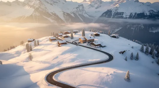 Village de montagne isolé sur un versant alpin enneigé avec une route sinueuse au premier plan