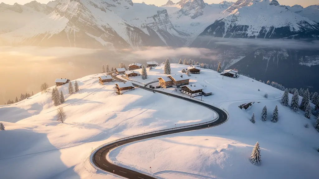 Village de montagne isolé sur un versant alpin enneigé avec une route sinueuse au premier plan