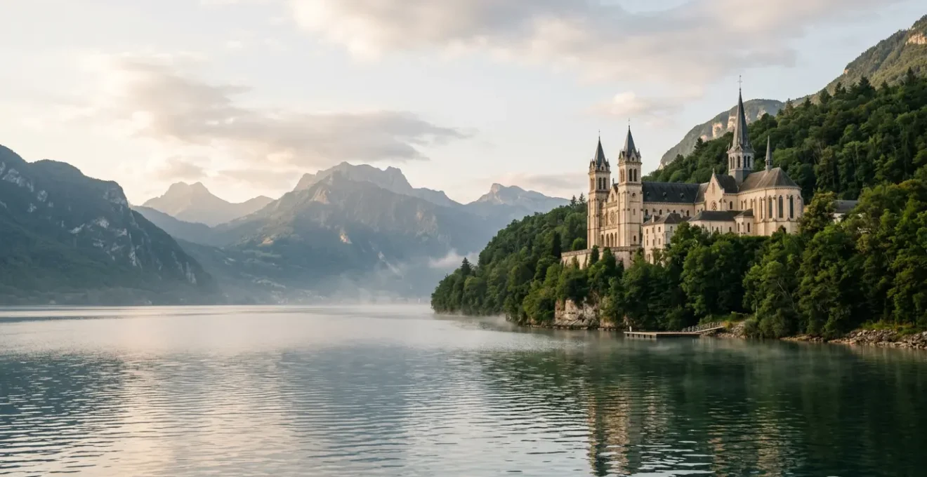 Vue panoramique de l'abbaye royale d'Hautecombe depuis le lac du Bourget, architecture néo-gothique surplombant les eaux avec montagnes en arrière-plan