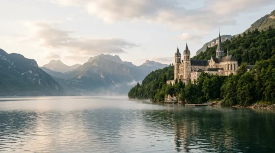 Vue panoramique de l'abbaye royale d'Hautecombe depuis le lac du Bourget, architecture néo-gothique surplombant les eaux avec montagnes en arrière-plan