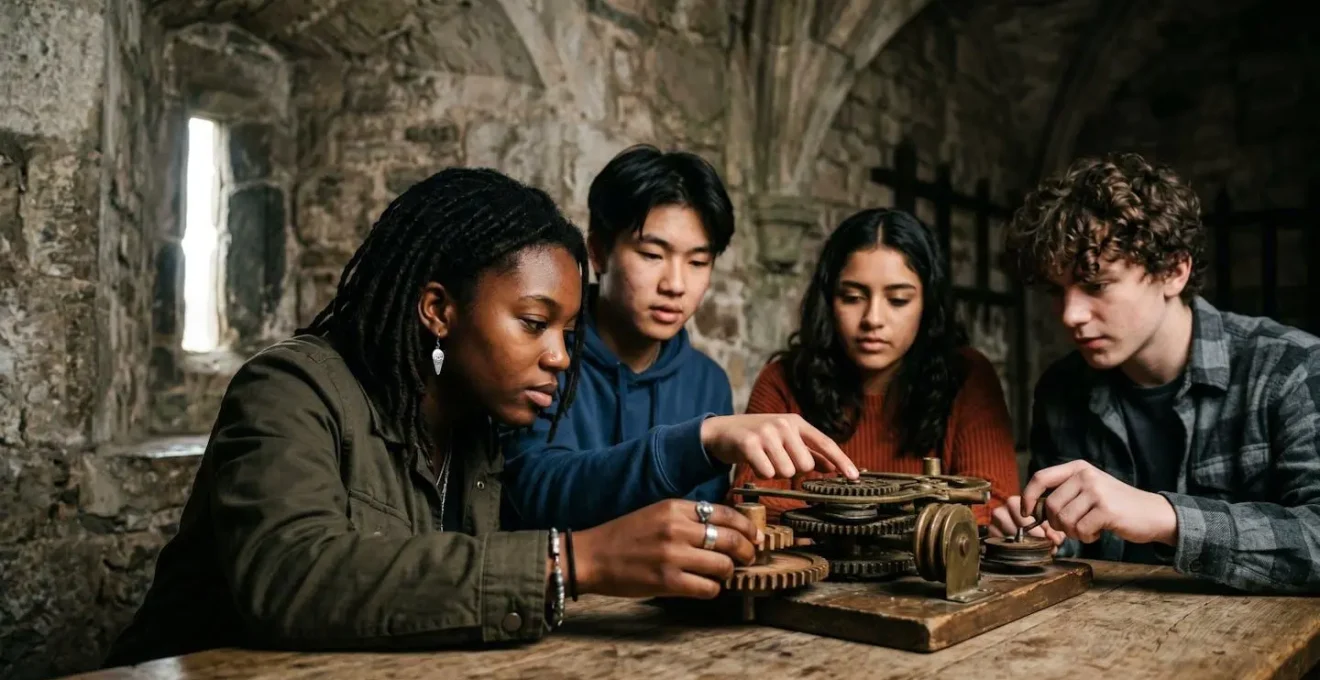 Groupe d'adolescents résolvant une énigme interactive dans une fortification historique