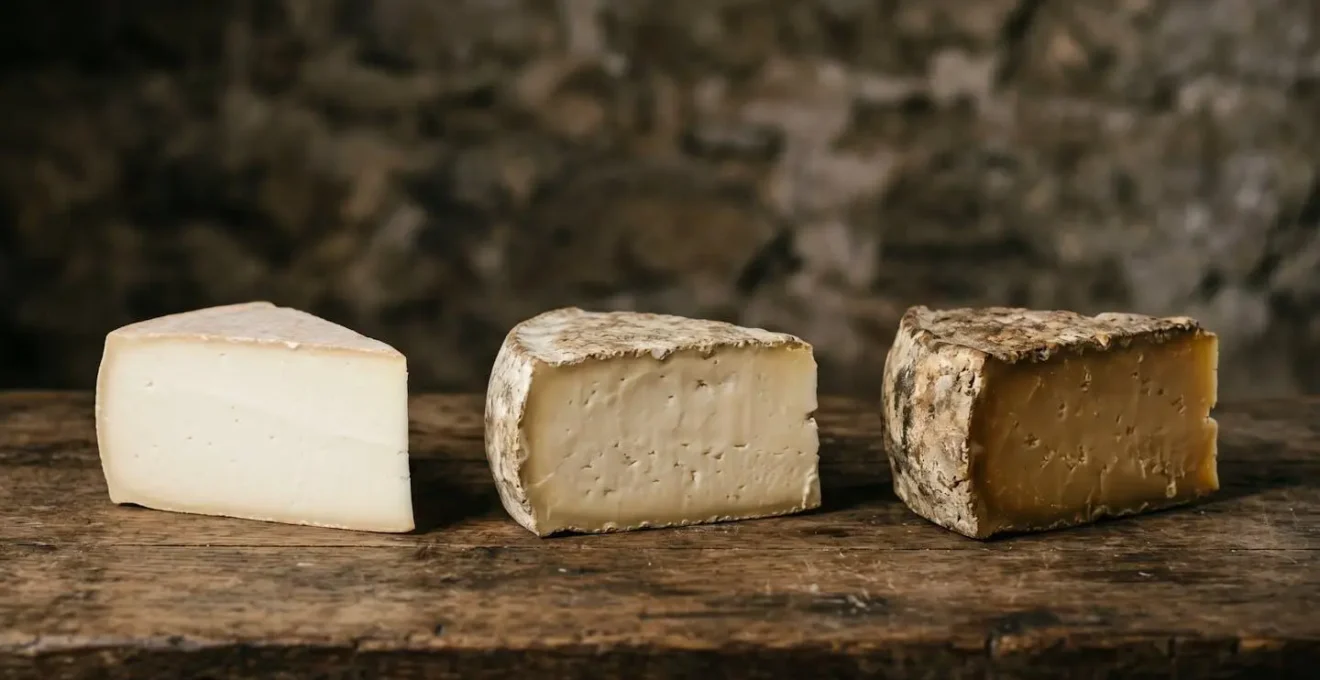 Trois morceaux de Tomme de Savoie à différents stades d'affinage montrant l'évolution de la couleur et de la texture de la pâte