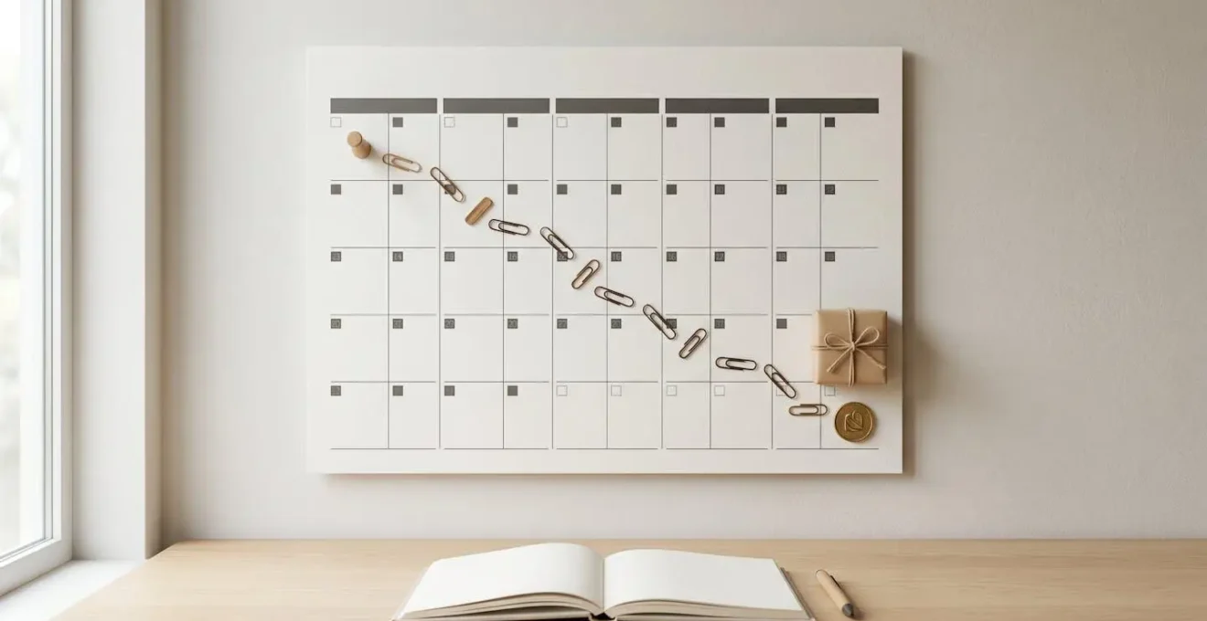 Calendrier mural minimaliste marquant la progression d'une saison hivernale avec des éléments symboliques de récompense