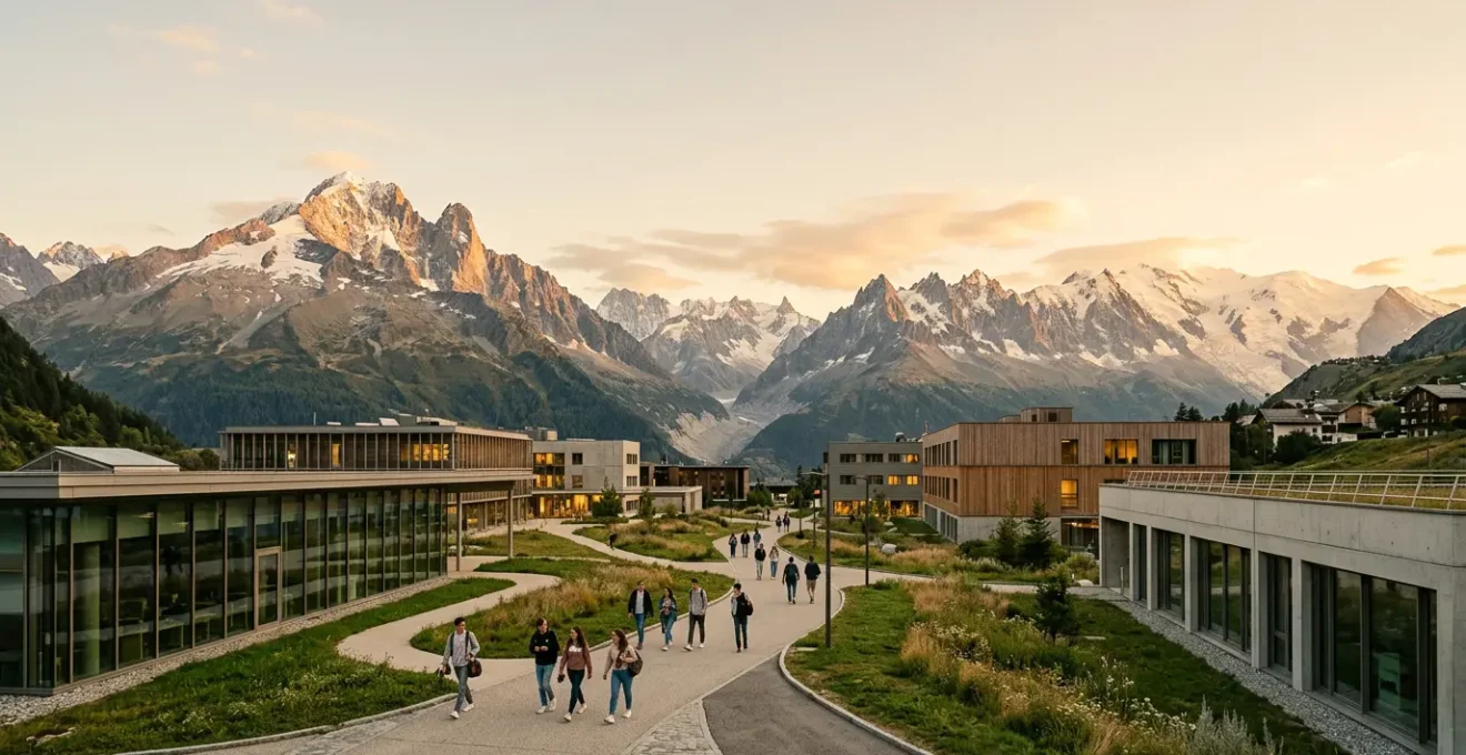 Vue panoramique d'un campus universitaire niché dans les Alpes savoyardes avec étudiants et infrastructures modernes