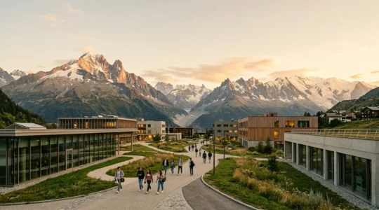 Vue panoramique d'un campus universitaire niché dans les Alpes savoyardes avec étudiants et infrastructures modernes