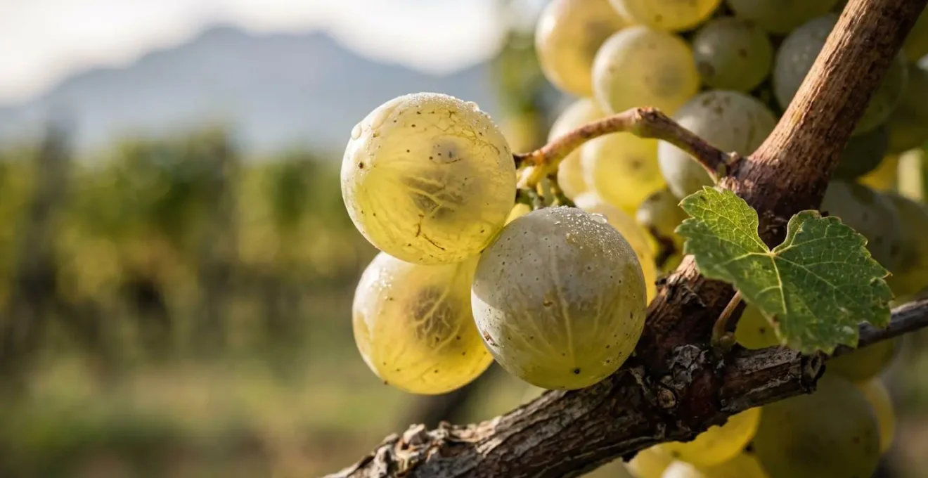 Gros plan sur raisins blancs de cépage savoyard sur souche avec arrière-plan de vignoble alpin