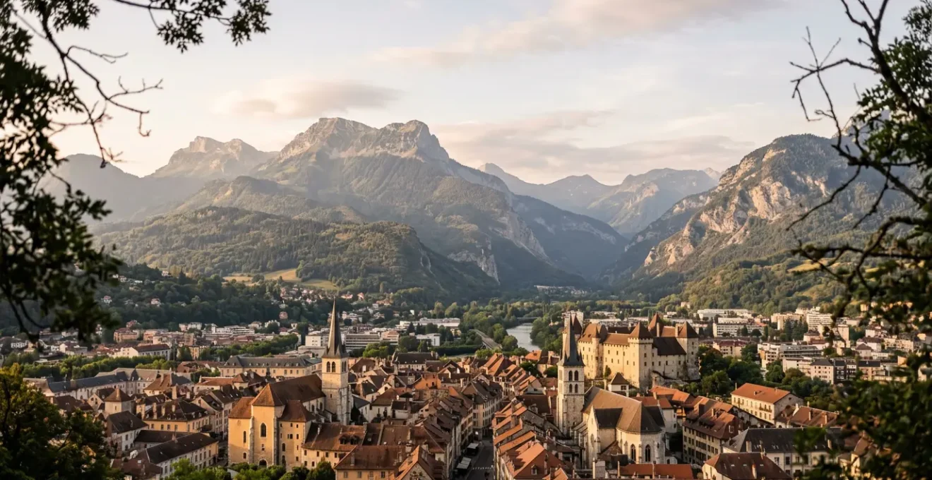 Vue panoramique sur l'architecture historique de Chambéry avec les Alpes en arrière-plan, illustrant l'attractivité immobilière de la Cité des Ducs