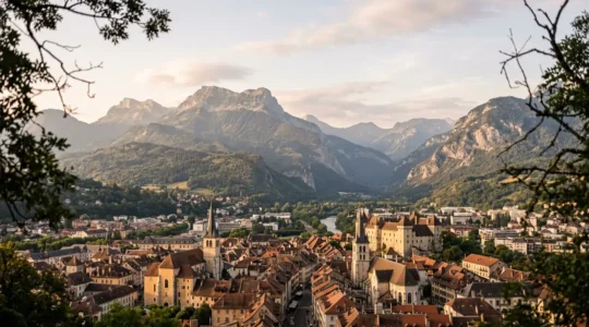 Vue panoramique sur l'architecture historique de Chambéry avec les Alpes en arrière-plan, illustrant l'attractivité immobilière de la Cité des Ducs