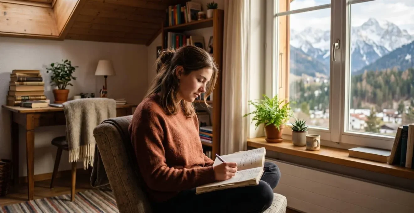 Intérieur chaleureux d'une chambre étudiante avec vue sur les montagnes, ambiance cosy et studieuse