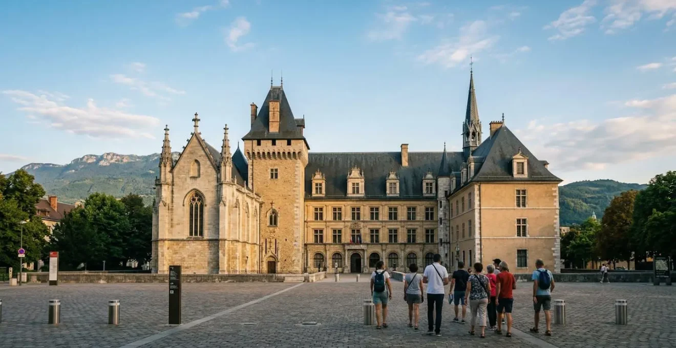Château des Ducs de Savoie à Chambéry, bâtiment historique monumental avec tours et architecture médiévale sous ciel de montagne