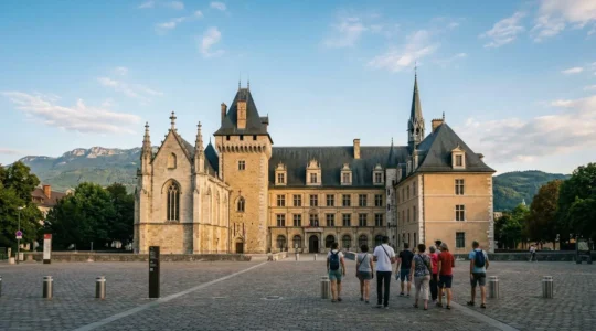 Château des Ducs de Savoie à Chambéry, bâtiment historique monumental avec tours et architecture médiévale sous ciel de montagne