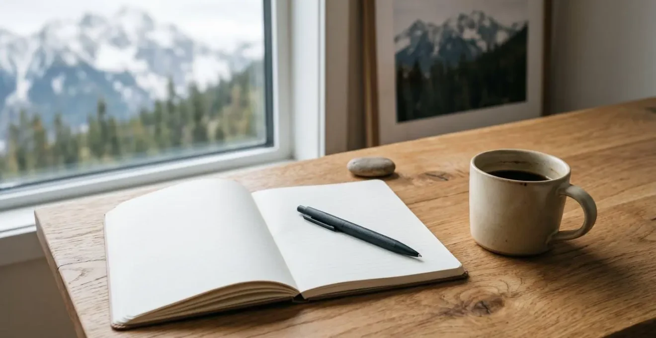 Carnet de notes ouvert avec stylo et tasse de café sur table en bois, évoquant la planification et le suivi personnalisé