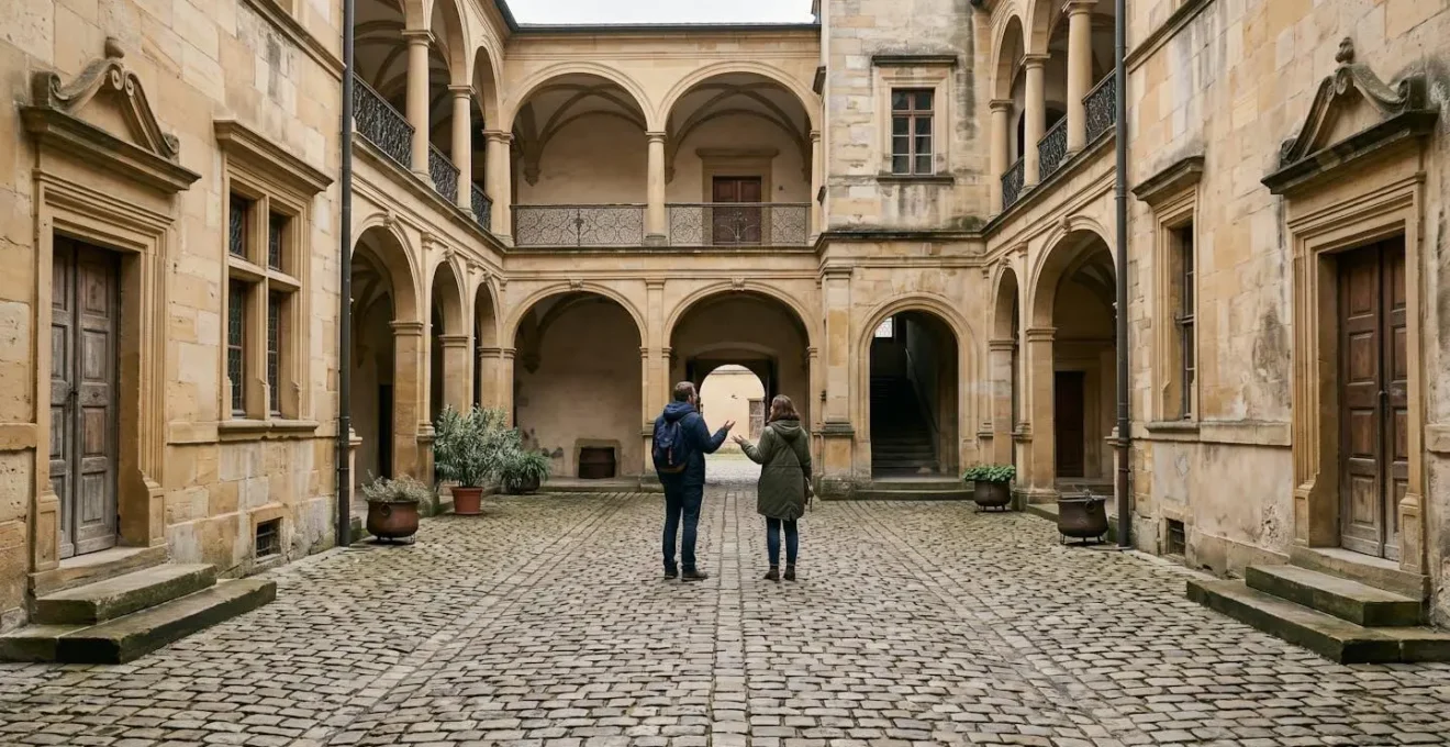 Cour intérieure d'un château historique avec pavés anciens, arcades en pierre et circulation naturelle de visiteurs