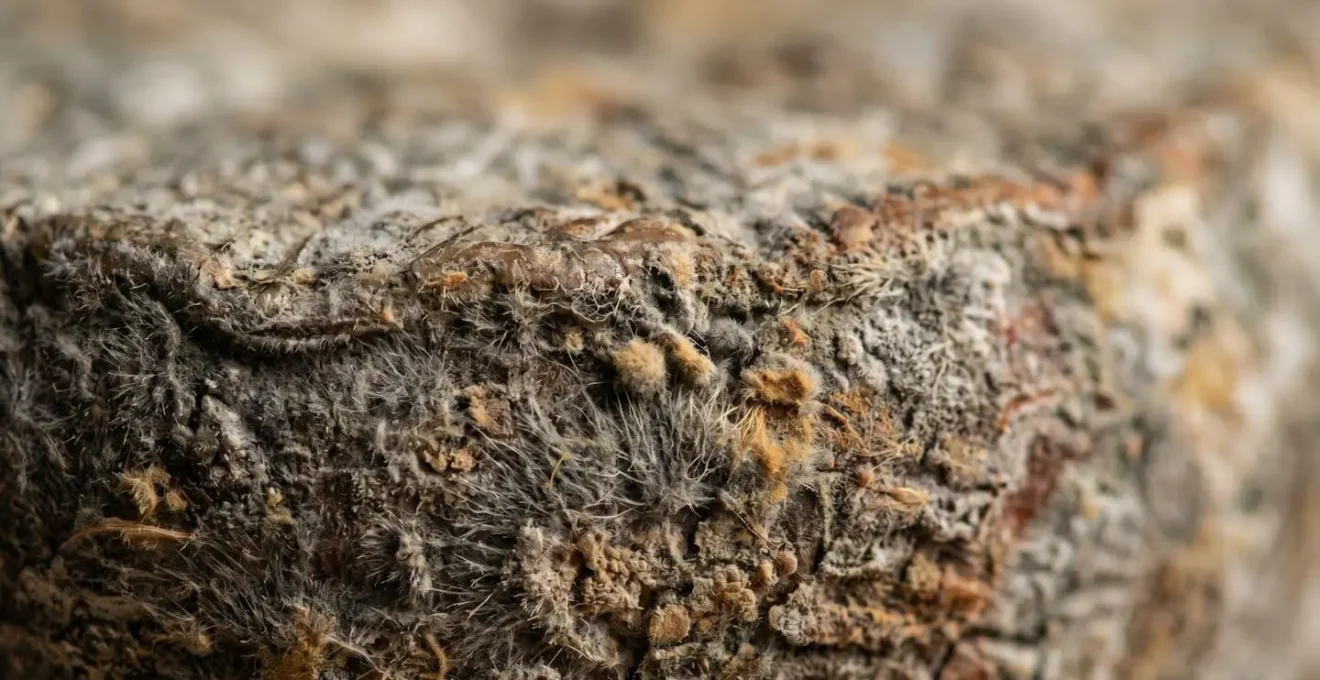 Gros plan macro sur la croûte grise d'une Tomme de Savoie montrant les moisissures naturelles du mucor et la texture complexe de l'affinage
