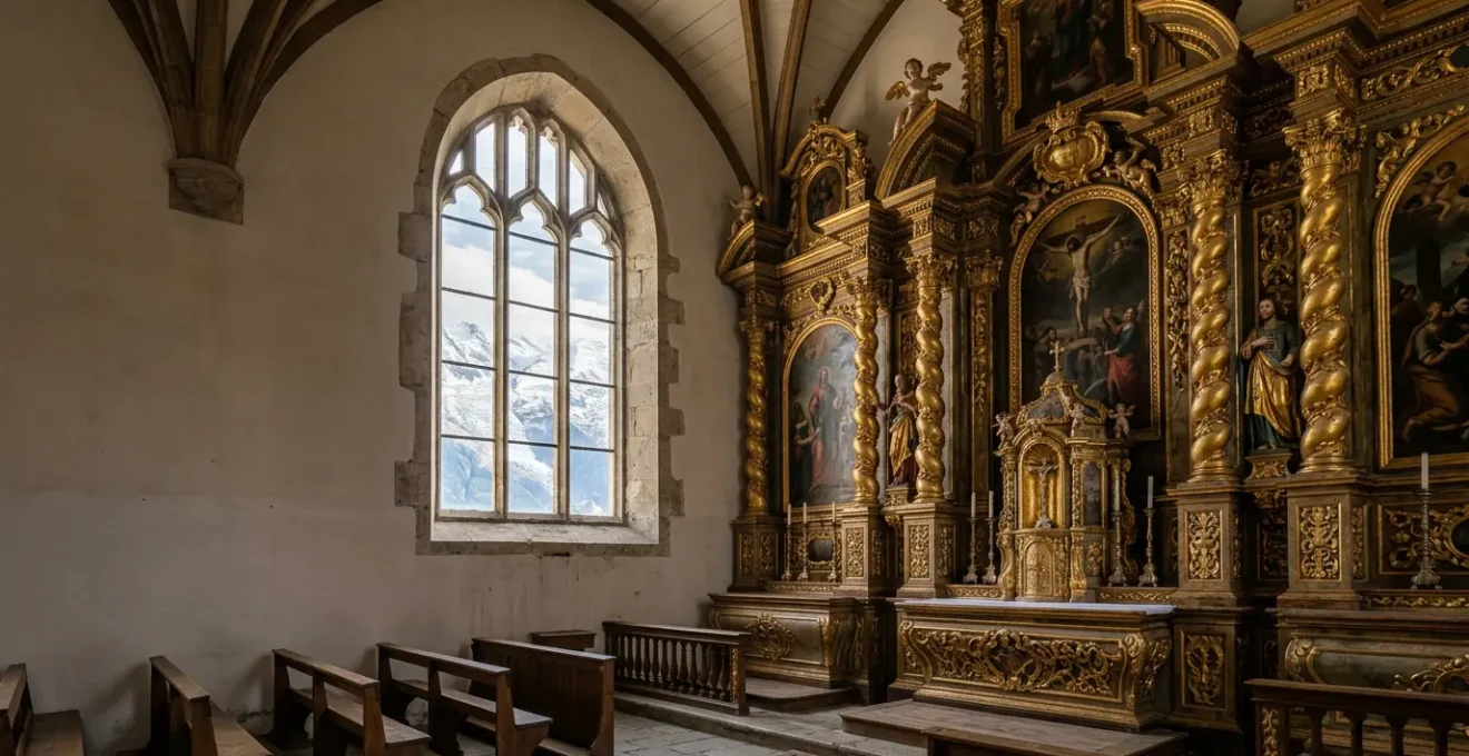 Intérieur majestueux d'une église baroque savoyarde avec retable doré et montagnes