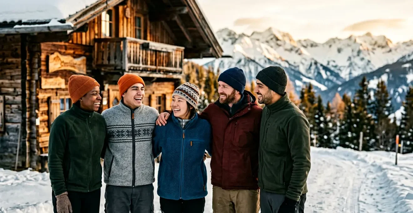 Équipe de saisonniers souriants en tenue de travail devant un chalet de montagne enneigé