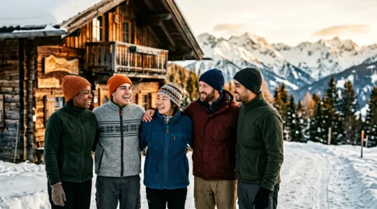 Équipe de saisonniers souriants en tenue de travail devant un chalet de montagne enneigé