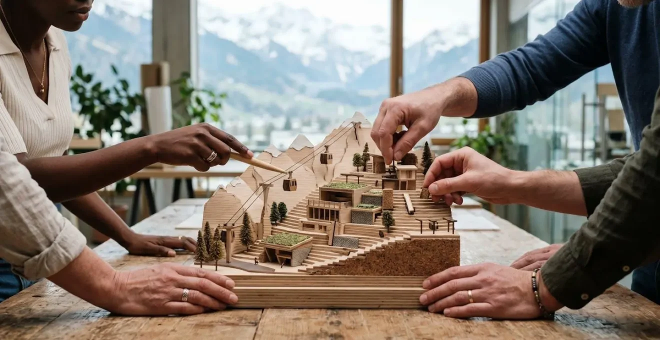 Étudiants de différentes nationalités collaborant sur un projet dans un environnement alpin moderne