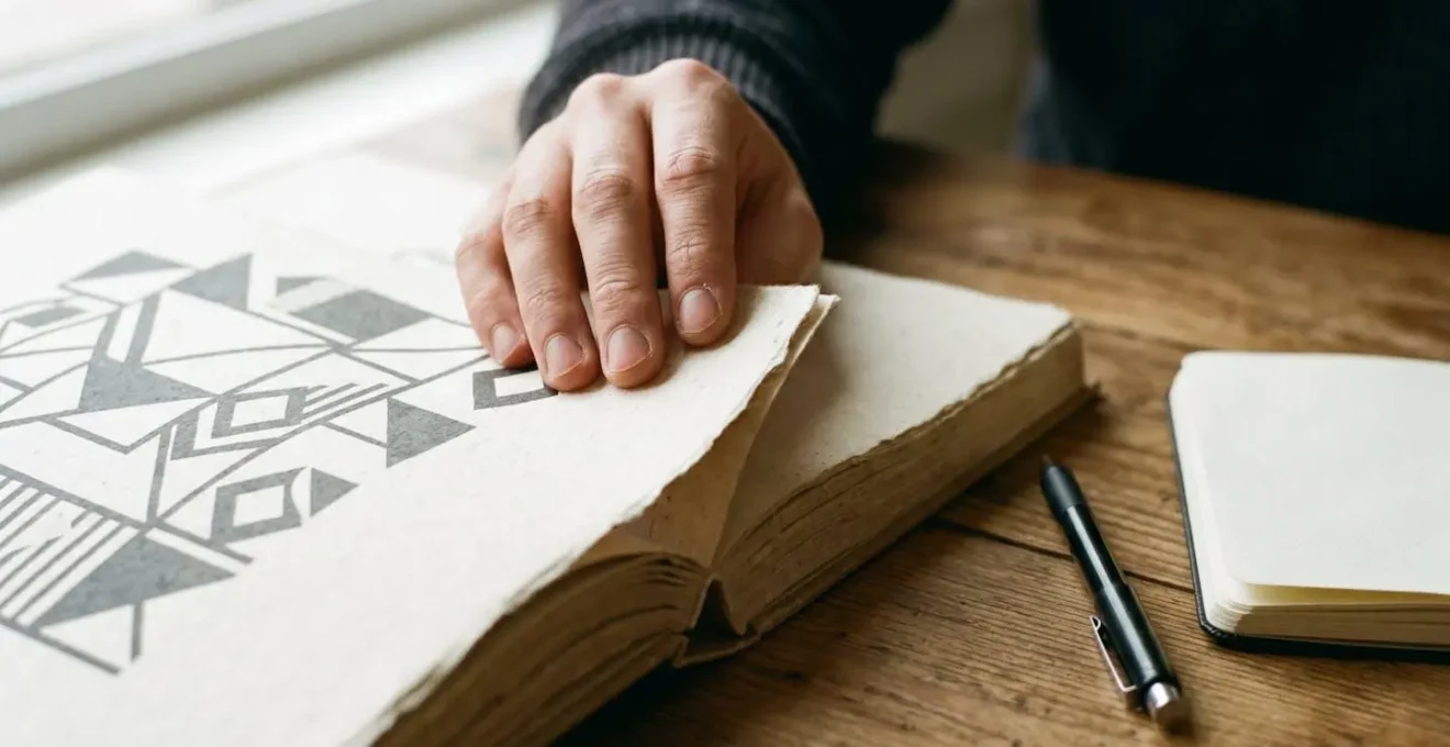 Gros plan sur des mains feuilletant un manuel de formation professionnelle avec cahier et stylo à proximité
