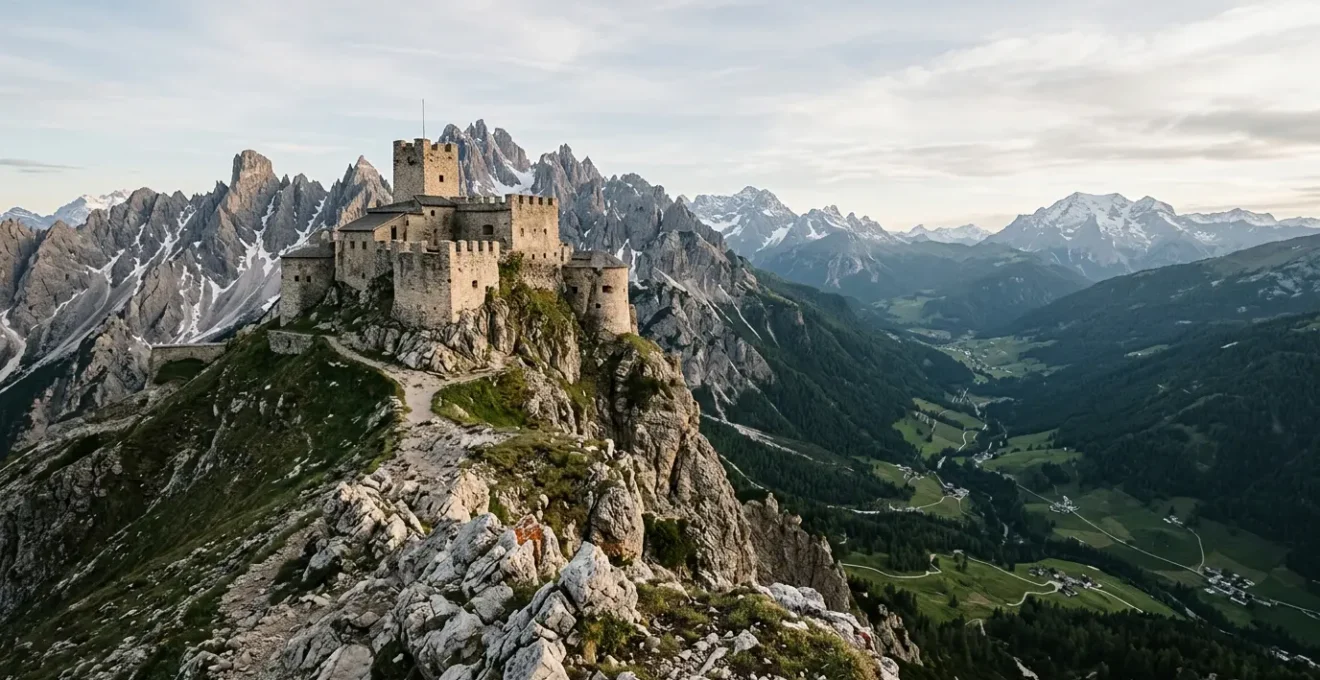 Fortification alpine historique perchée sur un massif montagneux dominant une vallée enneigée