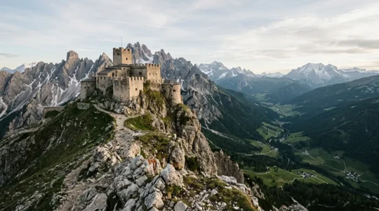 Fortification alpine historique perchée sur un massif montagneux dominant une vallée enneigée