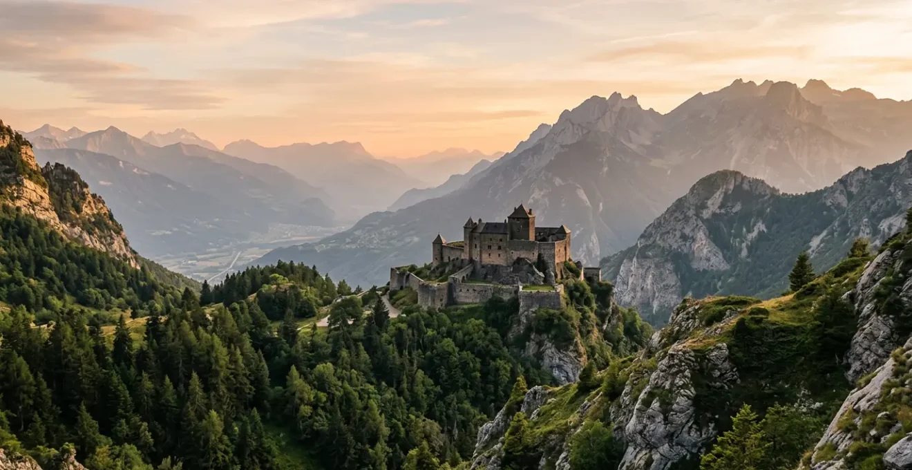 Château historique savoyard dans un paysage alpin majestueux symbolisant l'héritage ducal et la marque territoriale