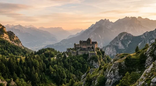 Château historique savoyard dans un paysage alpin majestueux symbolisant l'héritage ducal et la marque territoriale