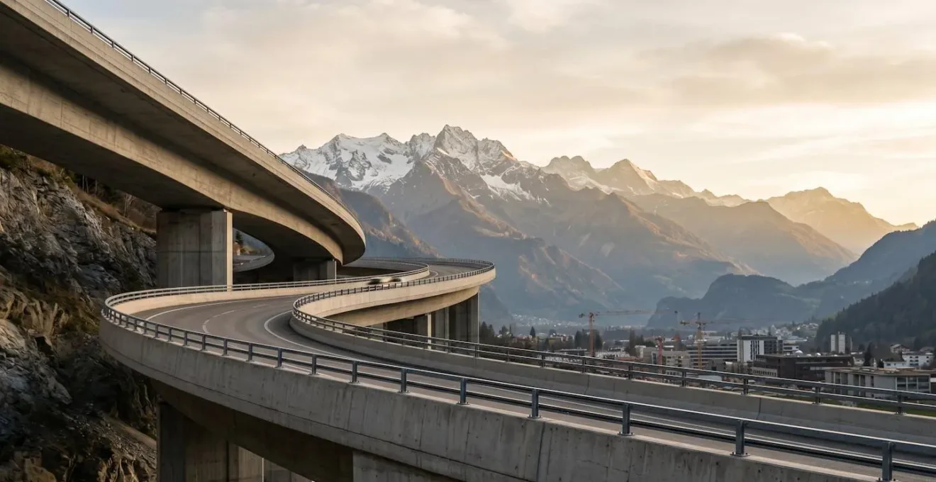 Perspective architecturale moderne d'une infrastructure de transport en montagne, symbolisant le développement urbain alpin